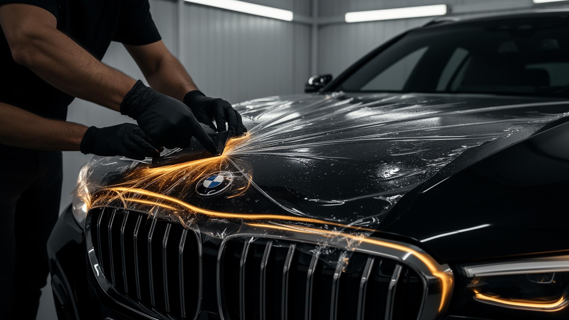 Technician installing paint protection film on a vehicle